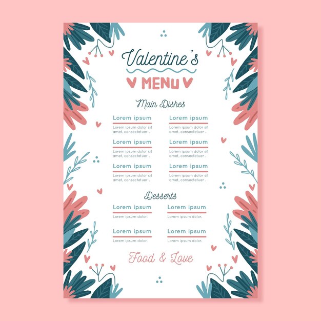 Plantilla de menú de san valentín con plantas.