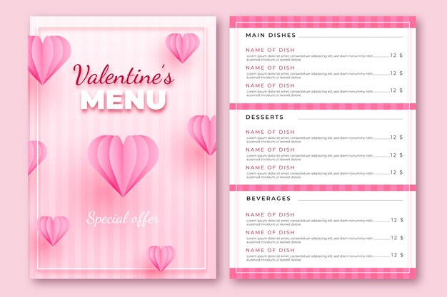 Plantilla de menú de San Valentín rosa realista