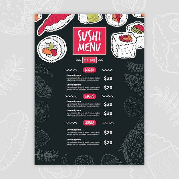 Vector gratuito plantilla de menú de sushi moderno