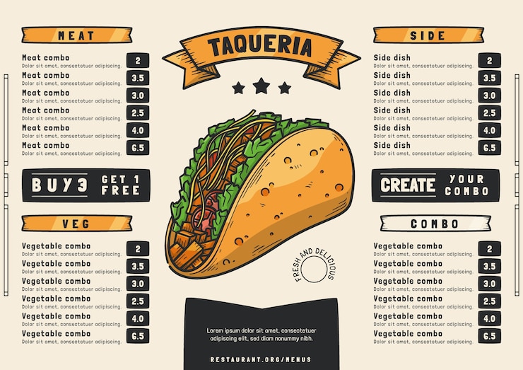 Vector gratuito plantilla de menú de taquería dibujada a mano