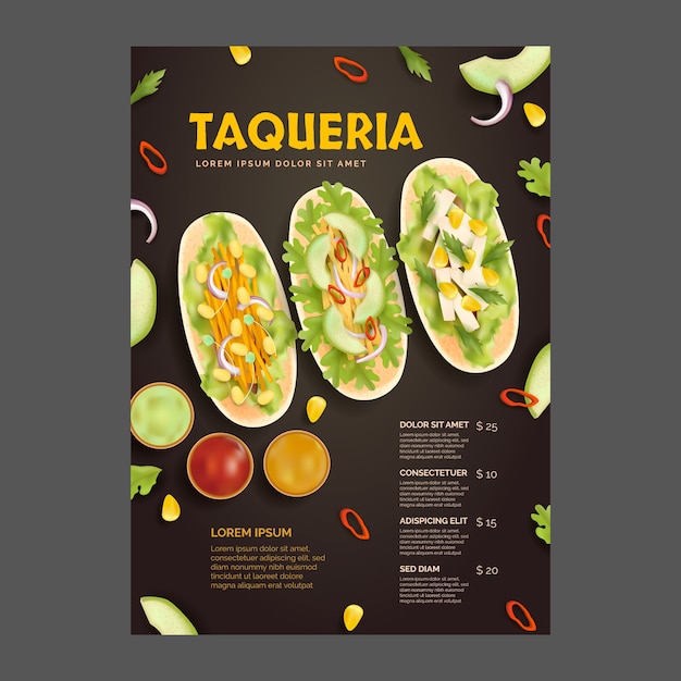 Vector gratuito plantilla de menú de taquería realista