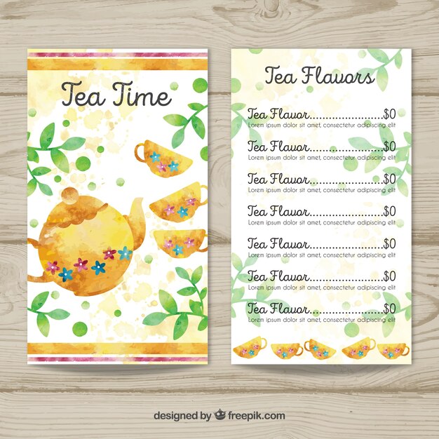 Plantilla de menú de té en acuarela