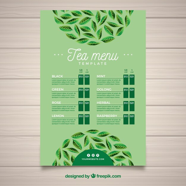 Plantilla de menú de té con bebidas diferentes