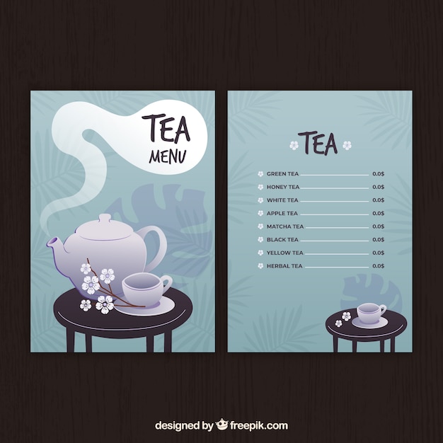 Vector gratuito plantilla de menú de té con bebidas diferentes