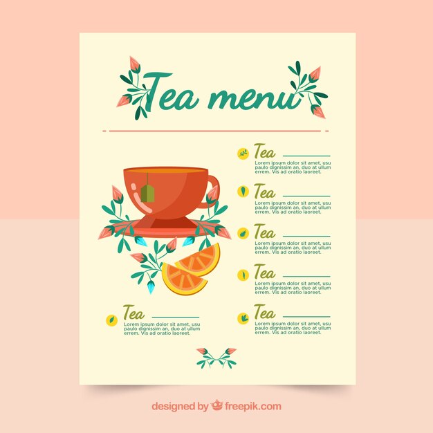 Plantilla de menú de té con bebidas diferentes