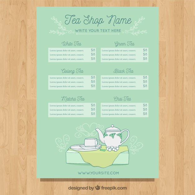 Plantilla de menú de té con bebidas diferentes