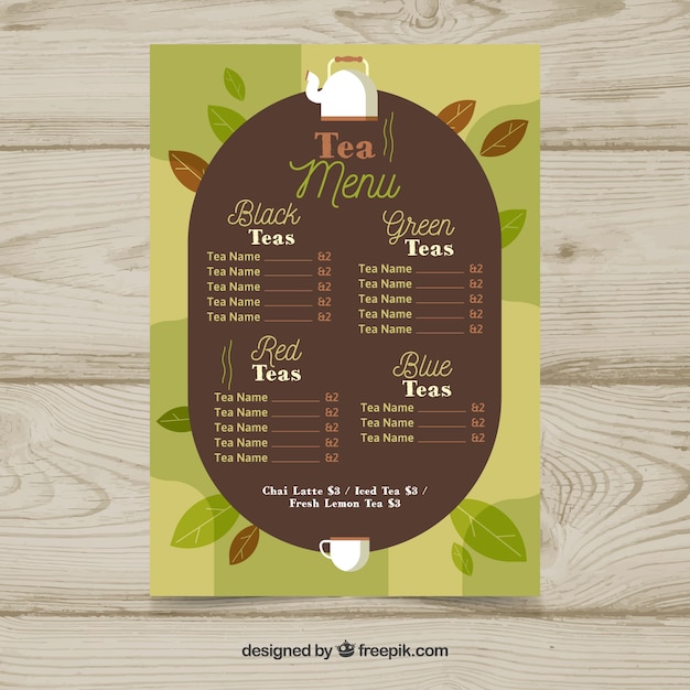 Plantilla de menú de té con bebidas diferentes