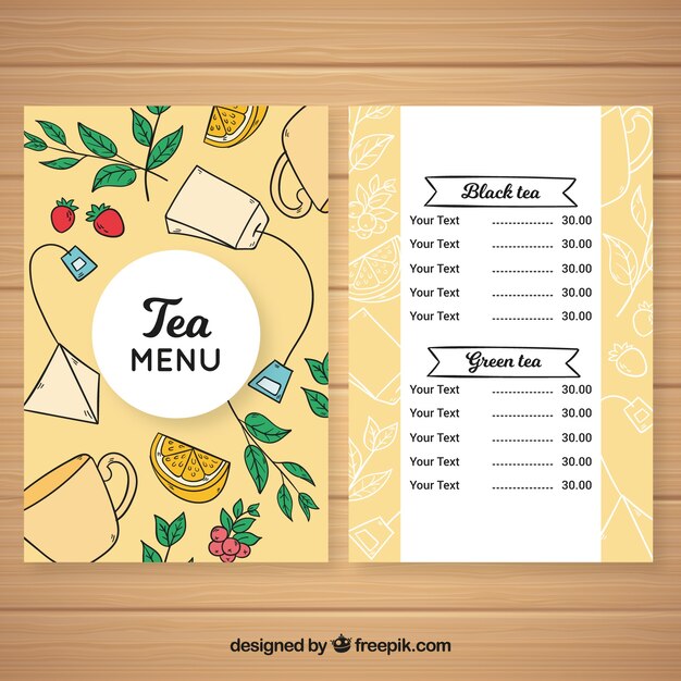 Plantilla de menú de té dibujado a mano