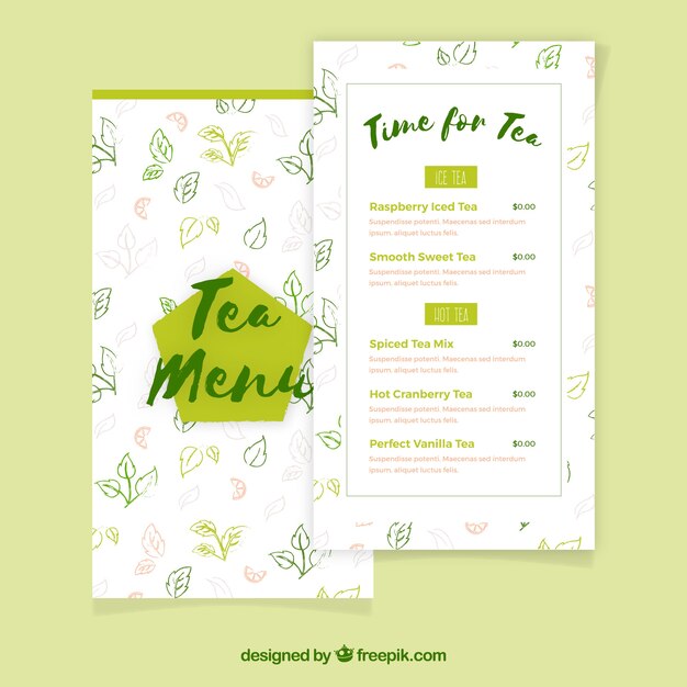 Plantilla de menú de té dibujado a mano