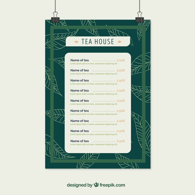 Plantilla de menú de té dibujado a mano