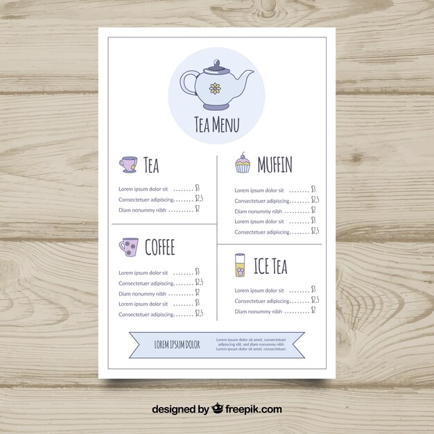 Plantilla de menú de té dibujado a mano