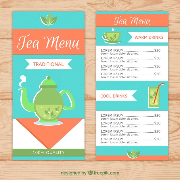 Plantilla de menú de té con diferentes tipos de bebida
