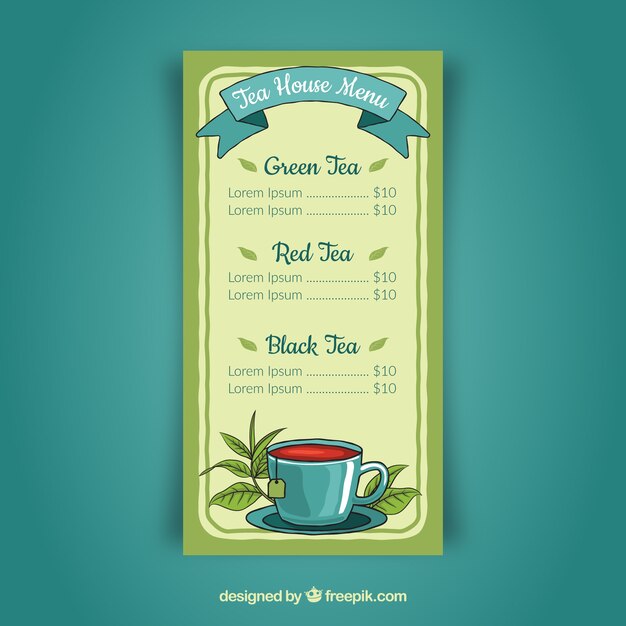 Plantilla de menú de té con diferentes tipos de bebida