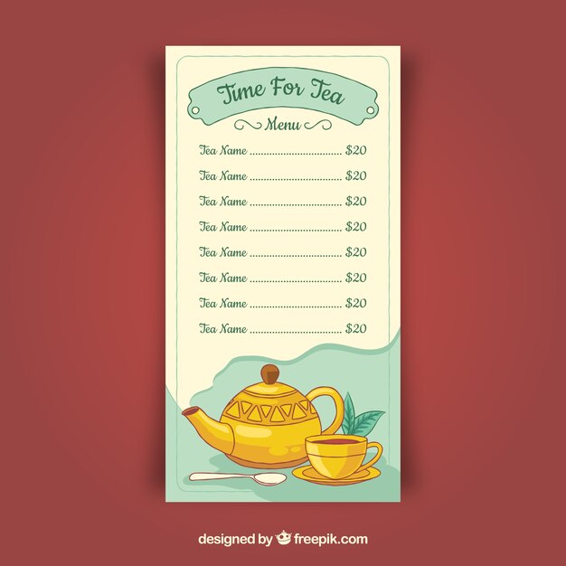 Plantilla de menú de té con diferentes tipos de bebida