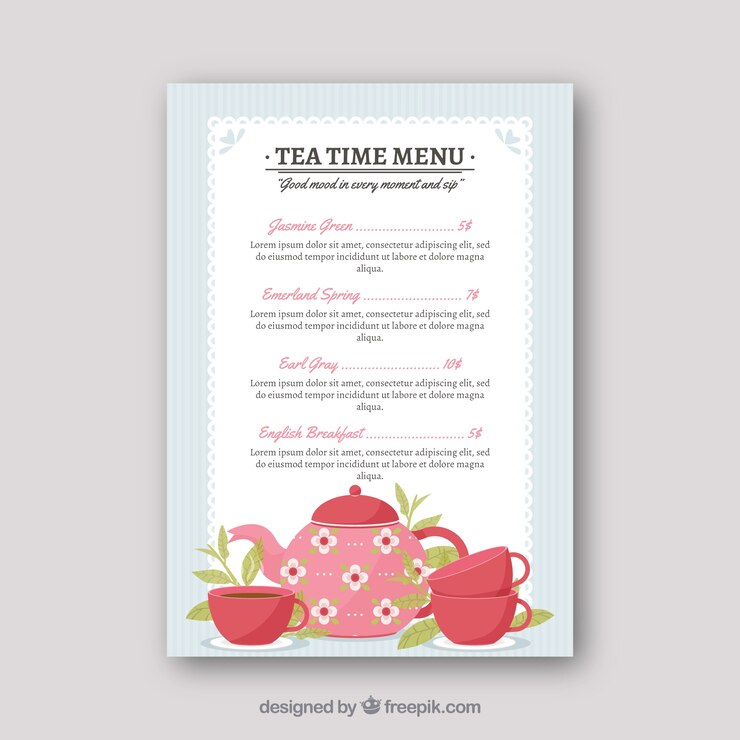 Vector gratuito plantilla de menú de té con diferentes tipos de bebida