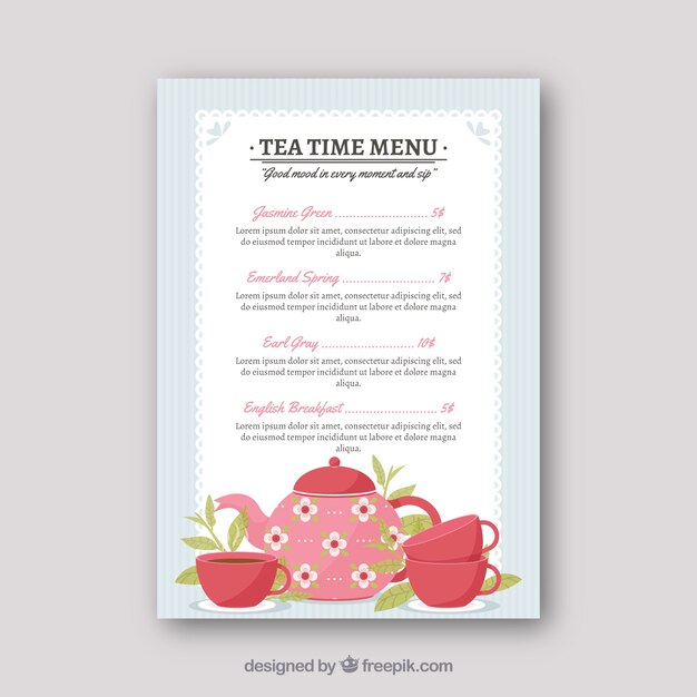 Plantilla de menú de té con diferentes tipos de bebida
