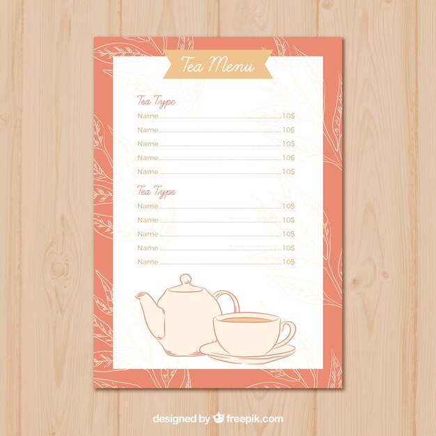 Plantilla de menú de té con diferentes tipos de té