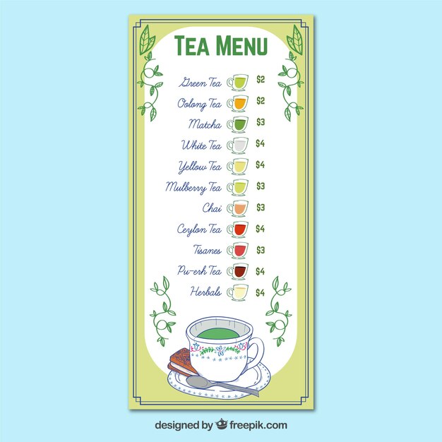 Plantilla de menú de té con diferentes tipos de té