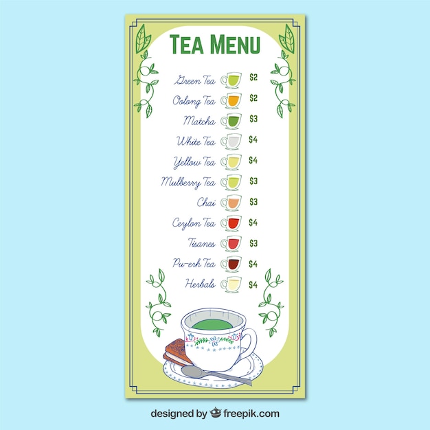 Plantilla de menú de té con diferentes tipos de té