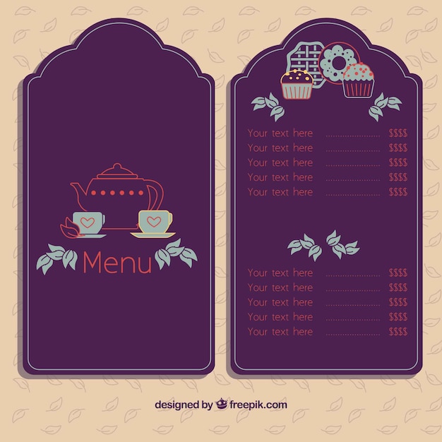 Plantilla de menú de té con diferentes tipos de té