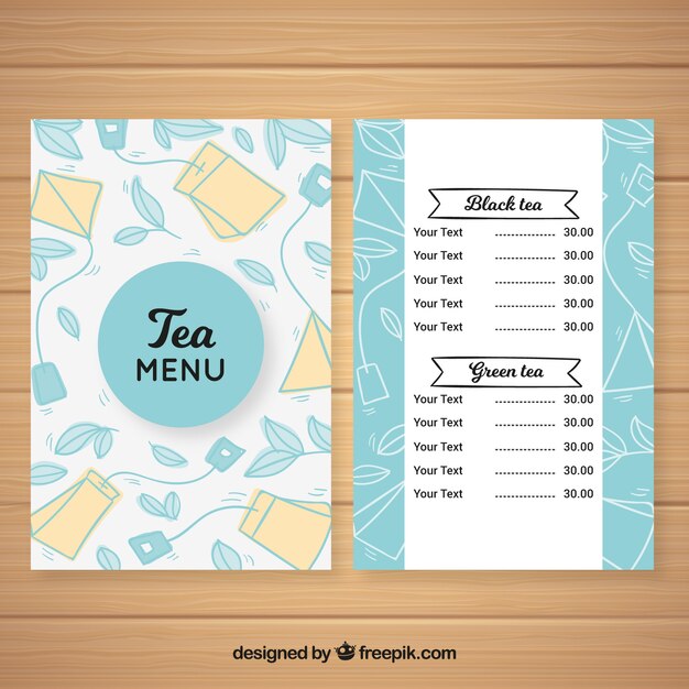 Plantilla de menú de té con diferentes tipos de té