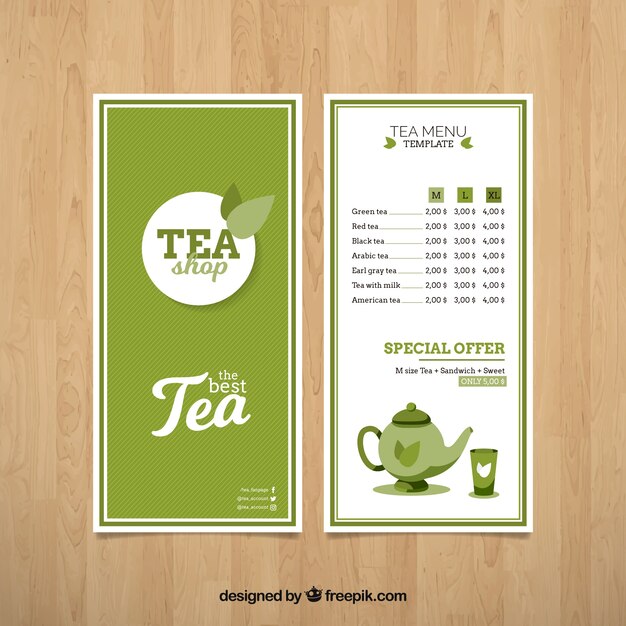 Plantilla de menú de té con diseño plano