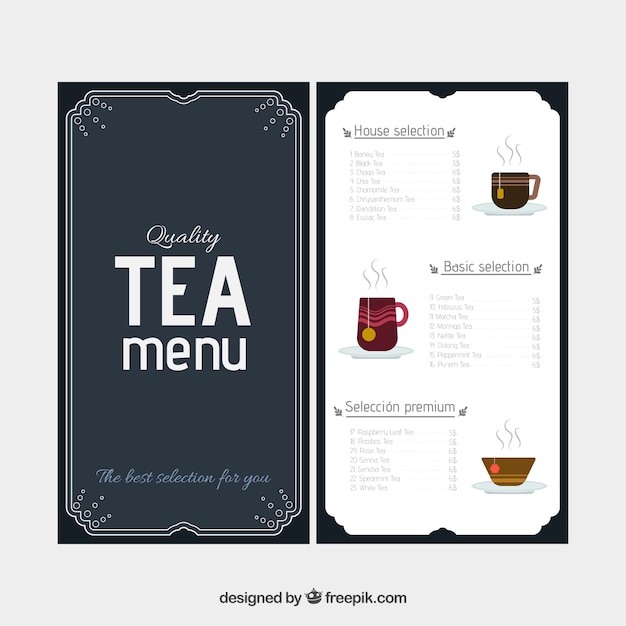 Plantilla de menú de té con diseño plano