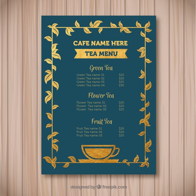 Plantilla de menú de té elegante con diseño plano