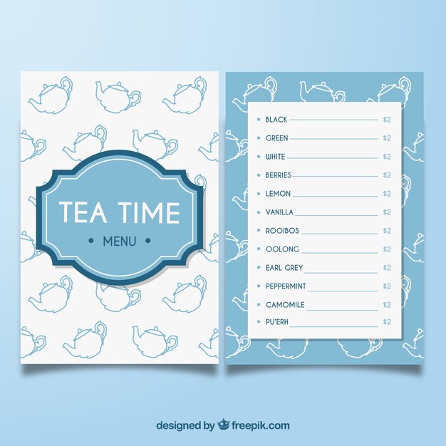 Plantilla de menú de té elegante con diseño plano