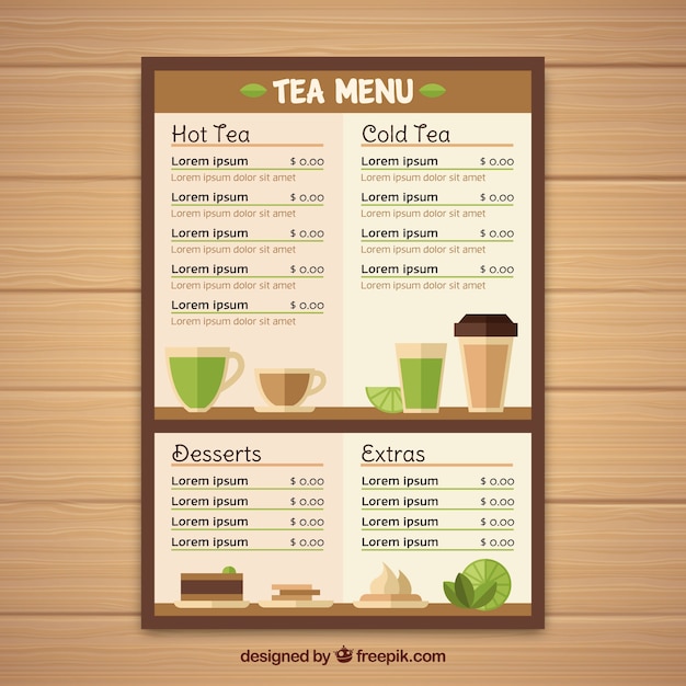 Plantilla de menú de té elegante con diseño plano