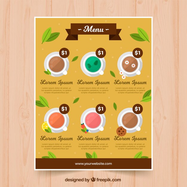Plantilla de menú de té elegante con diseño plano