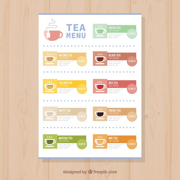 Plantilla de menú de té en estilo plano