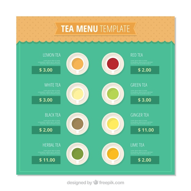 Plantilla de menú de té en estilo plano