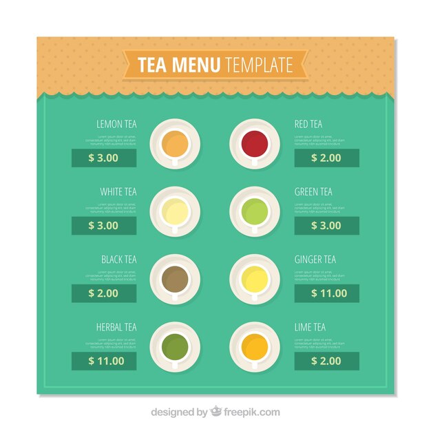 Plantilla de menú de té en estilo plano