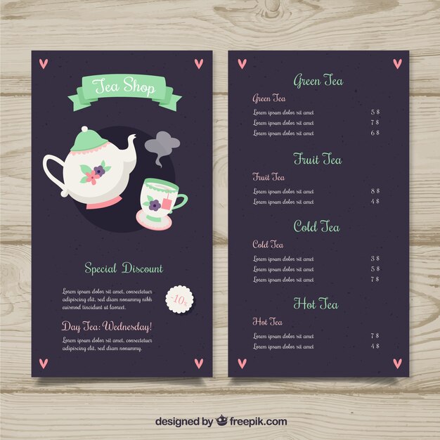 Plantilla de menú de té en estilo plano