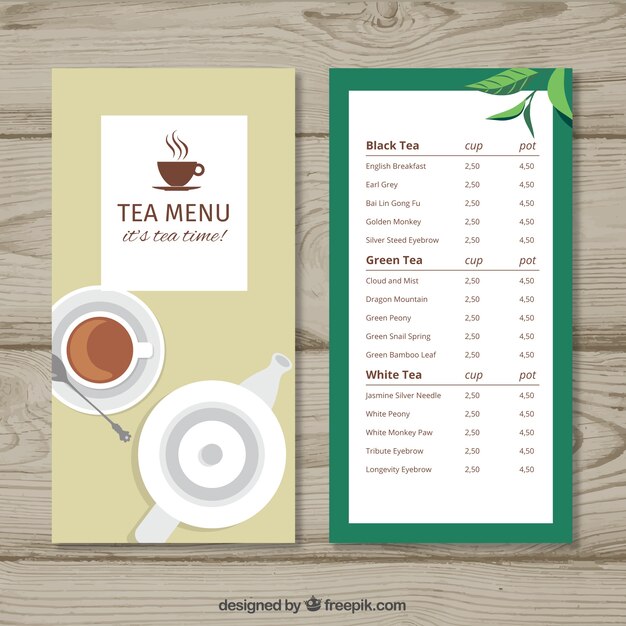 Plantilla de menú de té en estilo plano