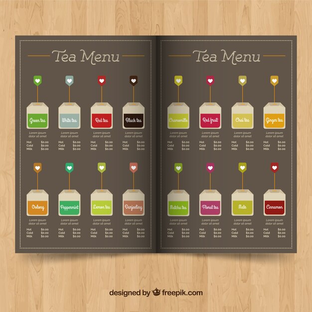 Plantilla de menú de té en estilo plano
