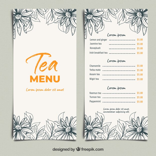Plantilla de menú de té en estilo plano