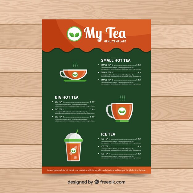 Plantilla de menú de té en estilo plano