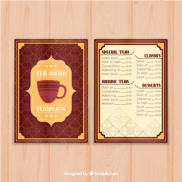 Plantilla de menú de té en estilo plano