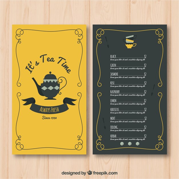 Plantilla de menú de té en estilo plano