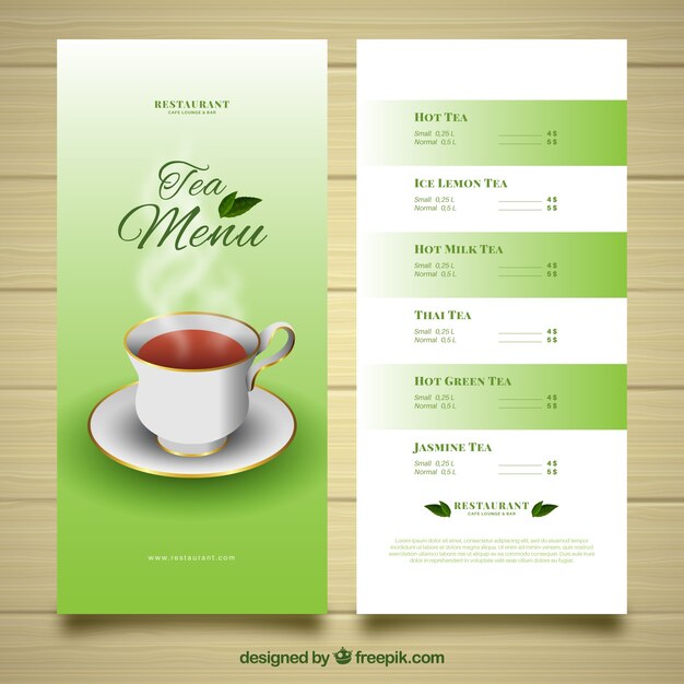 Plantilla de menú de té en estilo realista