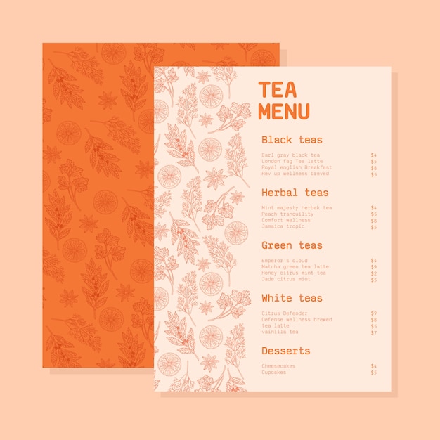 Plantilla de menú de té con flores.