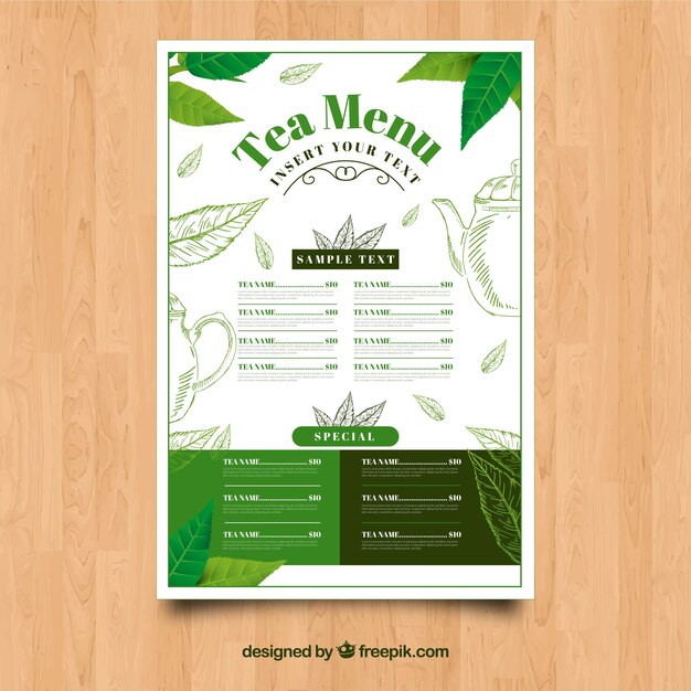Plantilla de menú de té con hojas