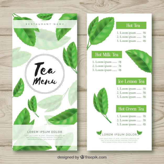 Vector gratuito plantilla de menú de té con lista de bebidas