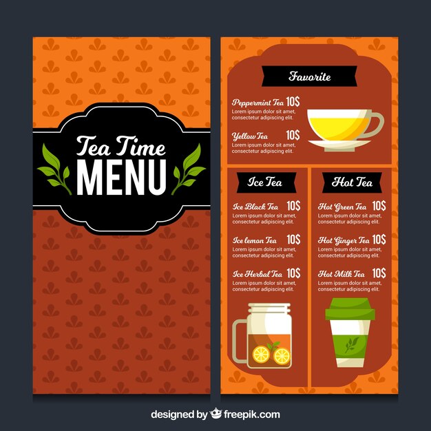 Plantilla de menú de té con lista de bebidas