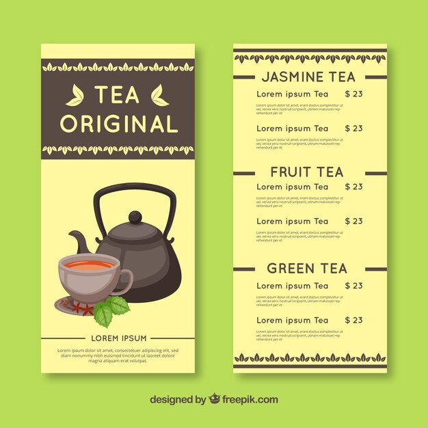 Plantilla de menú de té con lista de bebidas
