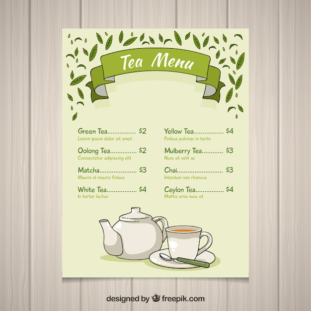 Plantilla de menú de té con sabores diferentes