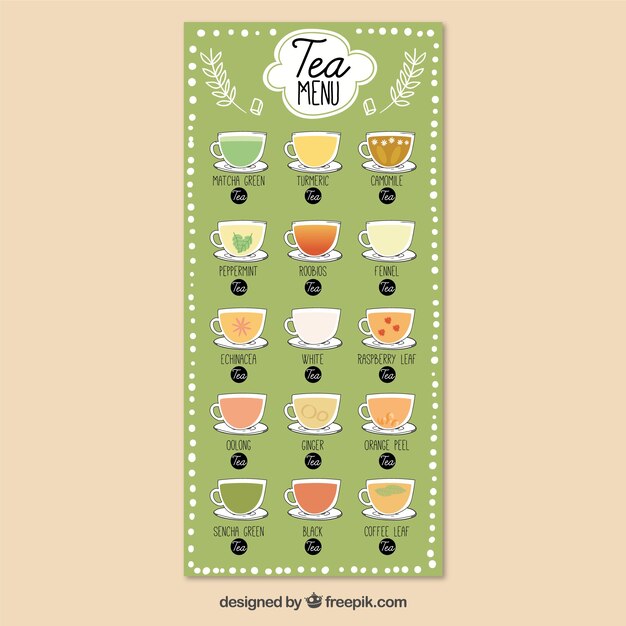 Plantilla de menú de té con sabores diferentes
