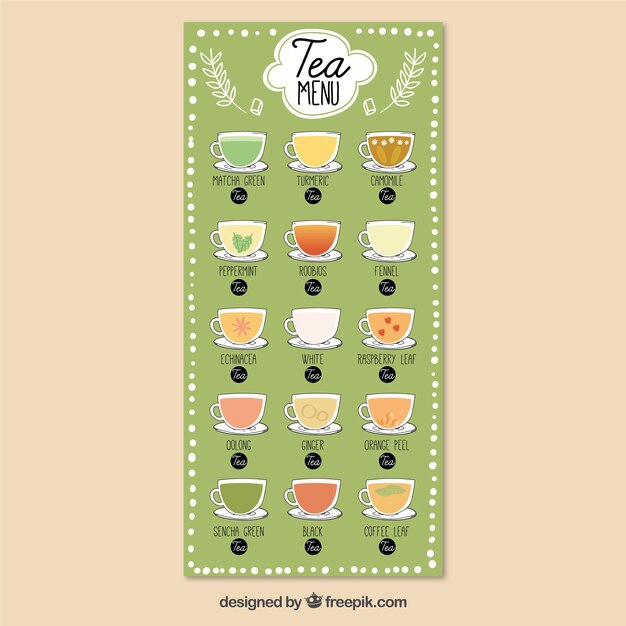 Plantilla de menú de té con sabores diferentes